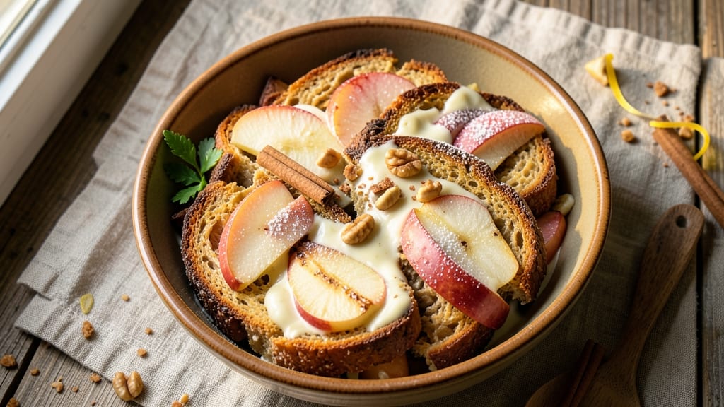 Apple and Rye Bread Pudding Recipe: Spiced Apple Swirls and Crunchy Rye Crust
